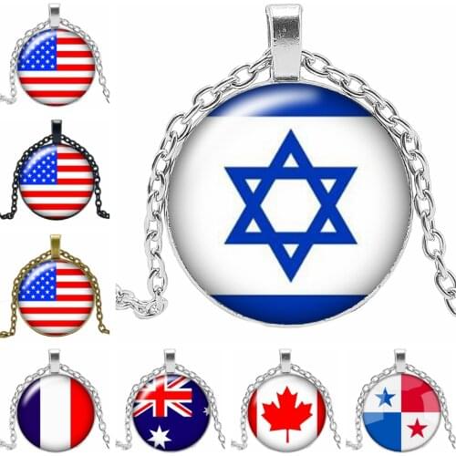 New National Flag United States Israel Canada British France Necklace Jewelry Pendant Crystal Convex Round Glass Necklace Gift