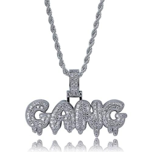 OMYFUN Factory Price Custom Jewelry Bubble Letter Pendant Necklace Hip Hop Bling CZ Paved Accessory Letters GANG Rope Chain
