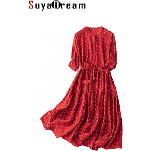 SuyaDream Woman Mid Shirt Dress 100%Silk Crepe A line Printed Sashes Dresses 2021 Summer Red Dresses