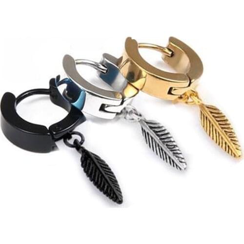 Simple Feather Circle Earrings For Men Boy Gold Black Silver Color Music Leaf Earring Fashion Punk Cool Male Jewelry 1 Pairs Ear