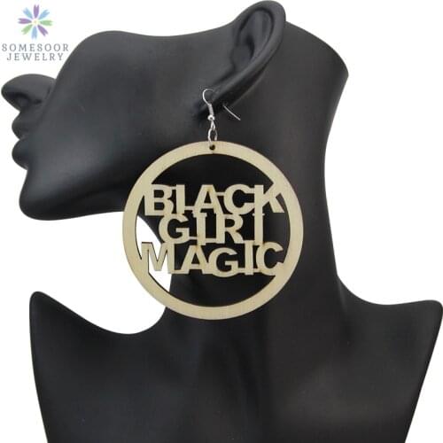 SOMESOOR 8cm Laser Cutting Engraved African Unfinished Wooden Drop Earrings Black Girl Magic Afro Ethnic Jewelry For Women Gifts