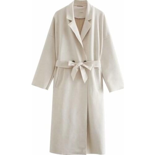 TRAF Women 2021 Fashion With Belt Faux Suede Trench Coat Vintage Long Sleeve Side Pockets Female Outerwear Streetwear