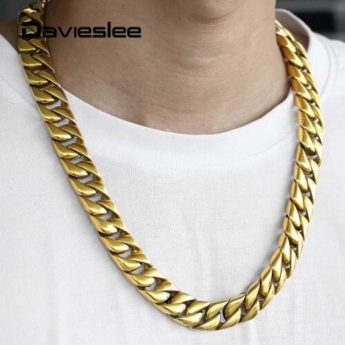 Davieslee 16mm Heavy Necklace Curb Cuban Chain Link for Men Boys 316L Stainless Steel Gold Color Huge Jewelry 20-36 inch DHN118