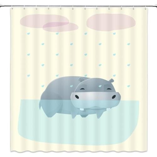 Cartoon Hippo Shower Curtain Wild Animal Pattern Kids Bathroom Decor Waterproof Polyester Cloth Bath Curtains With Hooks