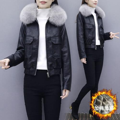 New Women Leather Jjacket PU Leather Autumn Short Jacket Big Fur Collar Thick black white Winter Coat Locomotive Clothing Female