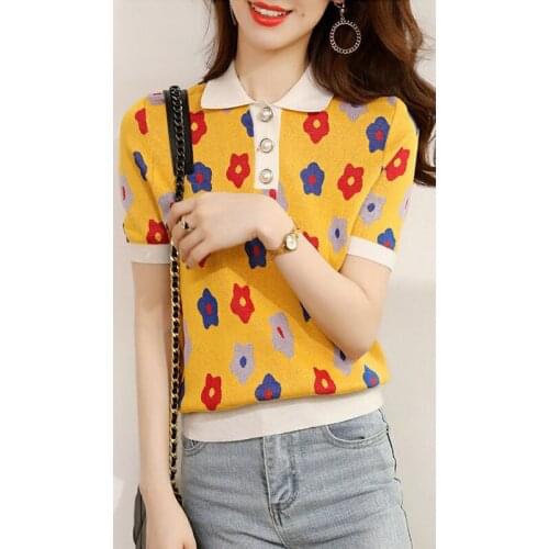 2021 Summer Korean Style Flower Print Knitted TShirt Women Temperament Short Sleeve Polo Shirt Female Sweet Kawaii Tops Tee