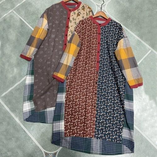 Johnature New Original Vintage Patchwork Print Women Plus Size Clothing Long Shirts 2021 Autumn Button Shirts