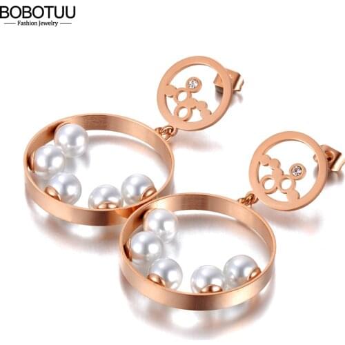 BOBOTUU Titanium Stainless Steel White Pearl Geometry Round Earrings Rose Gold Trendy Bohemia Party Earrings For Women BE20189