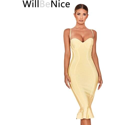 WillBeNice Women Bodycon Bandage Dress Sexy Spaghetti V Neck Mermaid Club Dress Midi Celebrity Party Plus Size Bandage Vestido