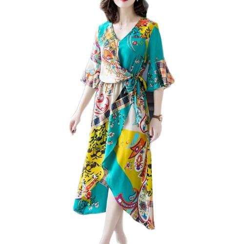 2020 Vintage Large Size Womens Dress High-end Temperament Half Sleeve was thin Floral Dress B235