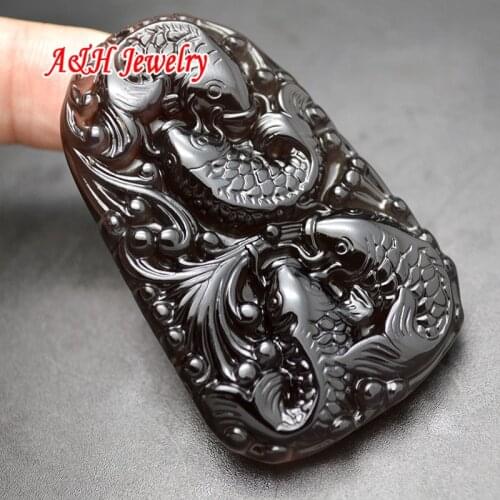 5pcs Natural Obsidian Fish Carved Semi-precious Stone Pendants Black Aventurine Women Lucky Jewelry