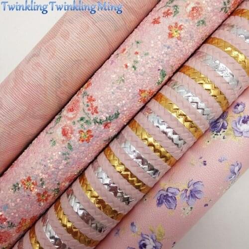 PINK Flowers Glitter Fabric, Stripes Printed Synthetic Leather, Faux Fabric Sheets For Bow A4 21x29CM Twinkling Ming XM015J