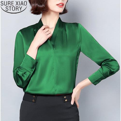 Elegant Fashion Silk Blouse Office Lady Solid 6 Colors V-neck Silk Satin Shirt Women Plus Size Loose Professional Tops 3XL 10855