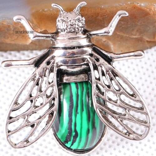 Cicada Brooch Natural Stone Green Malachite CAB Cabochon Bead Pendant for Men Women DIY Jewelry Making 1Pcs K630