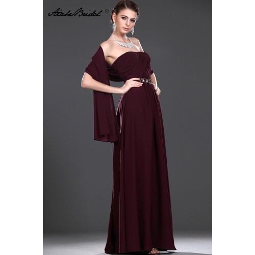 Wedding Party Dress Long Mother Of The Groom Dresses Strapless Burgundy Chiffon Mother of the Bride Dress with Shawl