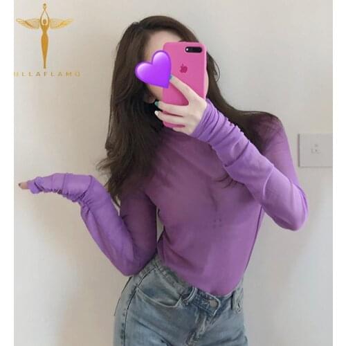 Purple Long Sleeve female T-Shirt Bodycon tops See-Through Sheer Mesh shirt Sexy Women Tee Shirt basal Turtleneck Autumn tshirt