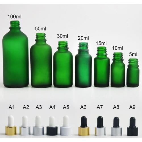 10 x 5ml 10ml 15ml 20ml 30ml 50ml 100ml Essential Oil Frost Green Bottle Dropper For Liquid Reagent Pipette with Aluminum Ring