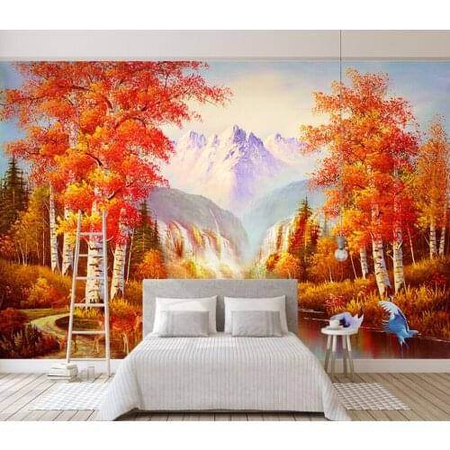 Customized 3D golden autumn birch forest distant mountain scenery living room interior decoration large oil painting wallpaper