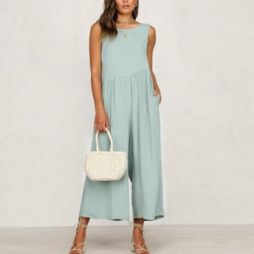 Summer Sleeveles Wide Leg Pants Womens Jumpsuits Solid Casual Loose Pockets Female Jumpsuit 2021 Fashion Holiday Ladies Rompers