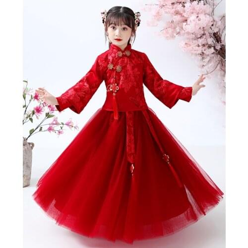 Red Chinese Girls Elegant Princess Lace Dress Toddler Party Dress Girls Dress Princess Holiday New Year Dresses For Baby Girls