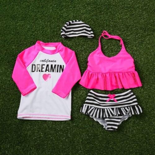 4pcs Girls Swimwear Top Tee Bikini +Dress +hat+shorts Kids Baby Girls Bathing Suit Korean Brand Swimming Beach Clothes 12 Years