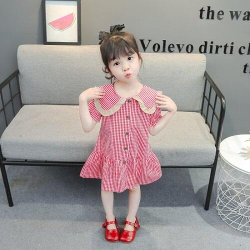 Summer Kids Dresses for Girls Korean Style Plaid Doll Collar Single Breasted Girls Dress Sweet Princess Dress Baby Clothes 0-6Y