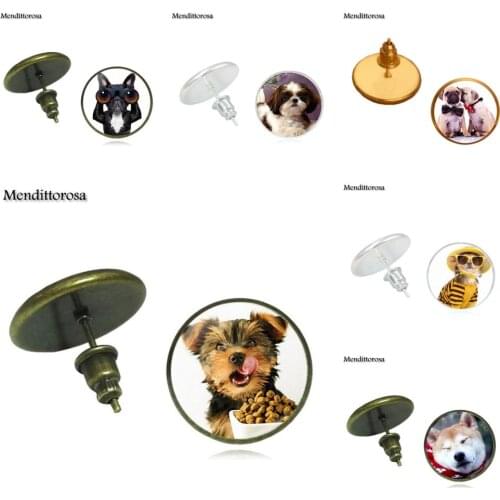 Mendittorosa Glass Cabochon Bronze/Silver/Golden Clip Ear Hook Stud Earrings For Women Jewellery Cute SharPei Dog