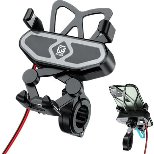 Motorcycle Phone Mount Holder with USB Charger Port Universal Rear Mirror Handlebar Cradle Holder for 4-7inch Smartphone