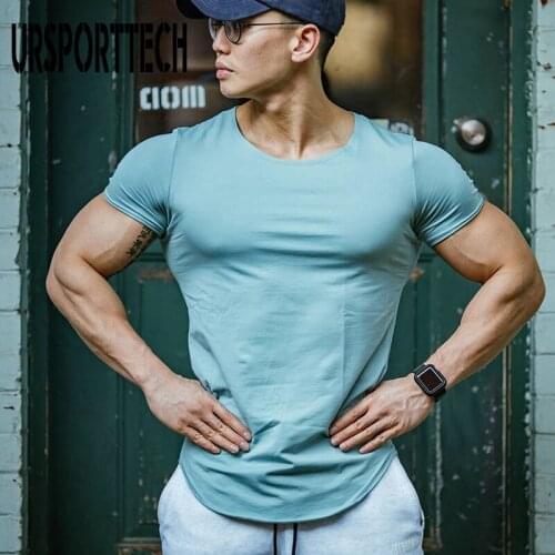URSPORTTECH Cotton Mens T-shirt Fitness Workout Male Bodybuilding Gym T Shirt Skinny Tee Shirt Summer Casual Solid Top Clothing