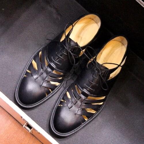 Mens Vintage sandals pure black genuine cow leather top shoes hollow lace-up shoes for summer Rome shoes