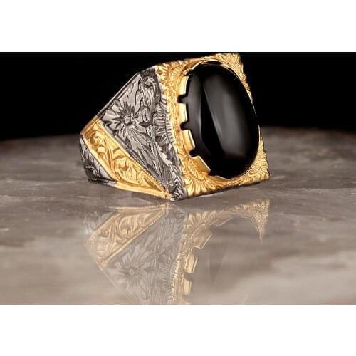 Pen İşçilikli Lapping Coated Handwork Onyx Gemstone 925 Sterling Silver Men 'S Ring