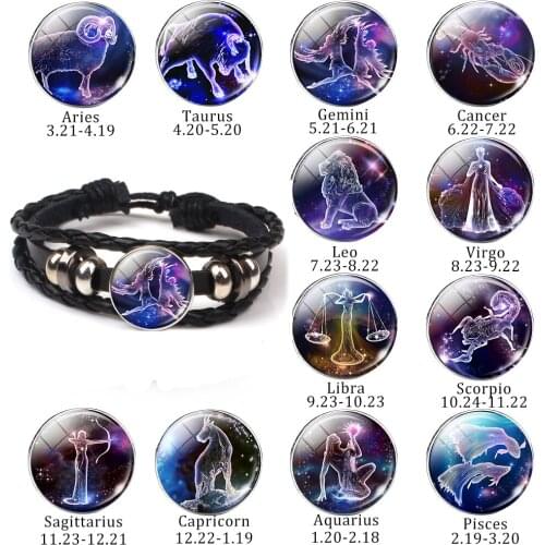 New 12 Constellation Bracelet Charms Zodiac Sign Glass Cabochon Punk Jewelry Black Multilayer Leather Bracelet Women Men Gift