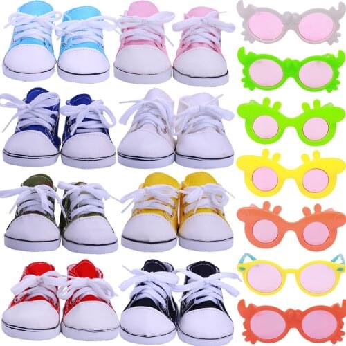 7Cm Canvas Shoes+1Pcs Glasses Fit 40-43cm Baby New Born Doll&16-18 Inch Amercian Dolls, Our Generations,Christmas Gifts For Girl