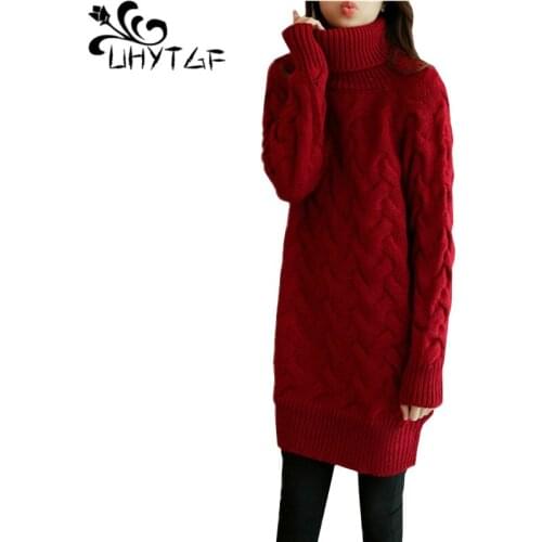 UHYTGF Winter sweater dress women Knitted turtleneck pullover warm sweater female fashion twist loose Plus size sweater dress832