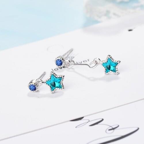 Sole Memory Long Blue Crystal Asymmetrical Star Pendant 925 Sterling Silver Fashion Female Dangle Earrings SEA518