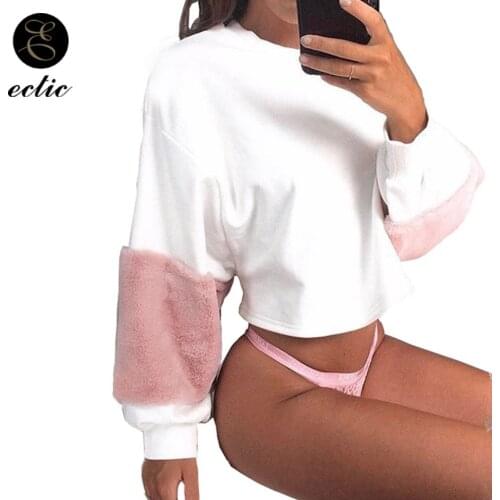 Casual Cropped Plush Sweatshirt With Fur Sleeve Pink Poleron Mujer 2021 Plain White Hoodie Crop Top Women Punk Hoodie Drawstring