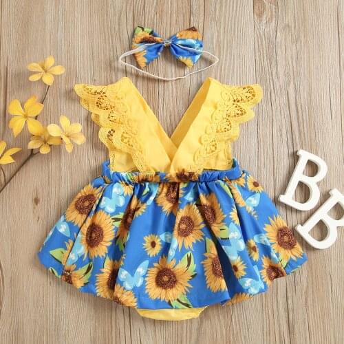 Pudcoco Baby Sunflower Print Clothes Set, Girls Sleeveless V-neck Jumpsuit with Lace+ Bow-knot Headband Outfits Baby Clothes