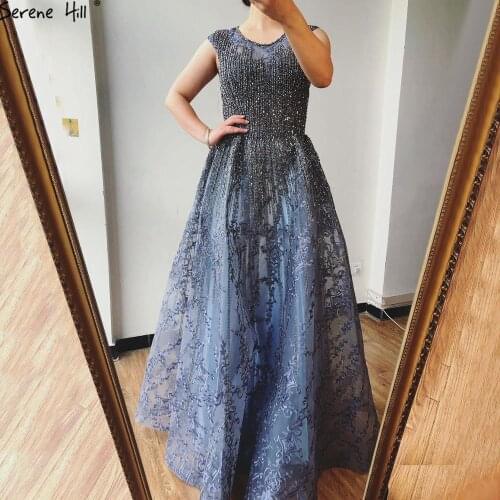 Serene Hill Dubai Blue A-Line Sleeveless Sexy Evening Dress 2021 O-Neck Crystal Luxury Formal Party Wear Gown 2020 CLA70552