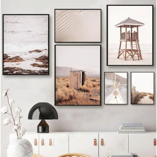 Nordic Beach Prints Poster Boho Gallery Wall Art Wood Canvas Painting Simple Coastal Pictures For Livingroom Neutral Home Decor
