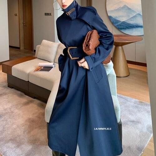2021 New Spring Autumn High Fashion Womens Windbreaker Cotton Long Minimalist Trench Coat with belt