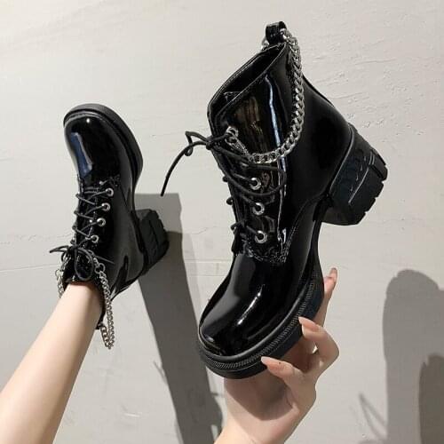 2021 Cow Leather Lace Up Round Toe Chelsea Boots Chain Warm Winter Shoes Fashion Elegant Office Lady Ankle Boots Square Heel Hot