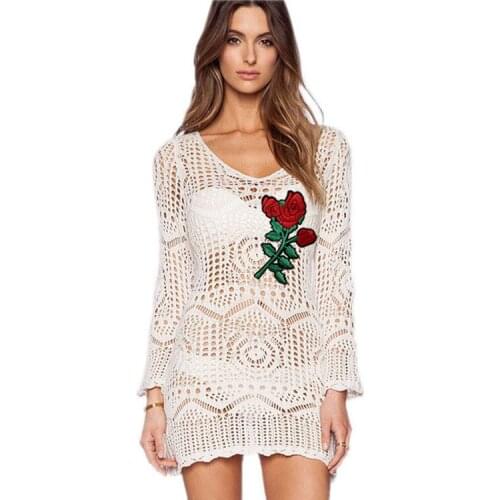 BYUAN Summer Ladies Dresses Hollow Out Sexy Beach Dress Women Embroidery Rose Flower Crochet Dress Woman Holiday Mini Dress