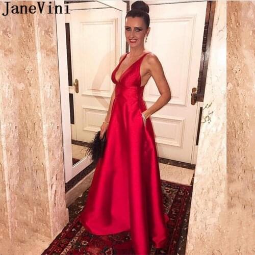 JaneVini Elegant Red Satin Dress for Formal Occasion Women Sexy V-Neck A Line Long Prom Dresses Evening Party Gowns Robe Chic