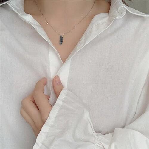 Blue Feather Leaf Cubic Zirconia Clavicle Chain Silver Color Necklace For Women Girls Luxury Bling Dainty Jewelry Gifts