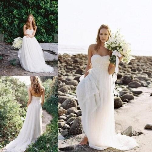 2018 vestido de noiva Elegant Beach Lace Strapless A-line Sweep Train Tulle Ivory Pageant Custom Bridal Gown bridesmaid dresses