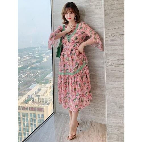 High quality V - neck horn sleeve splice lace printed fairy women new summer dress