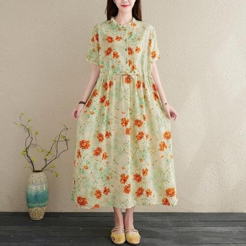 Women Cotton Linen Casual Dress New Arrival 2021 Vintage Style Floral Print Loose Comfortable Female Long Dresses S3966