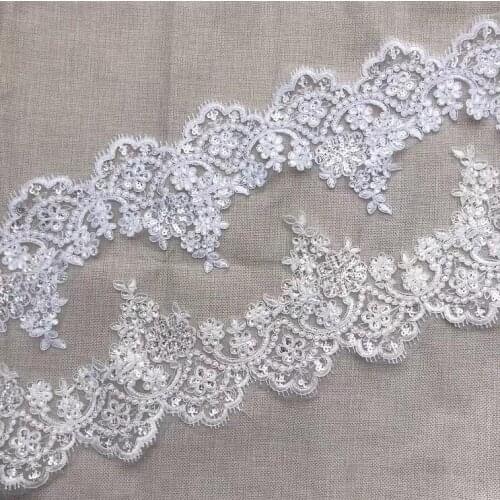 1 Meter 13cm Cording Venise Lace Fabric Bling Sequin Flower White Ivory Venice Mesh Lace Trim Applique Sewing Craft for Wedding