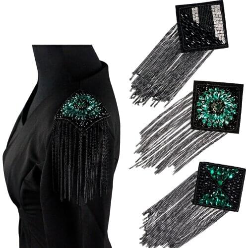 10pieces Square Design Badge Bead Rhinestones Fringe Tassels Chain Patches Shoulder Badges Applique Sew on Dance Clothes TH1374
