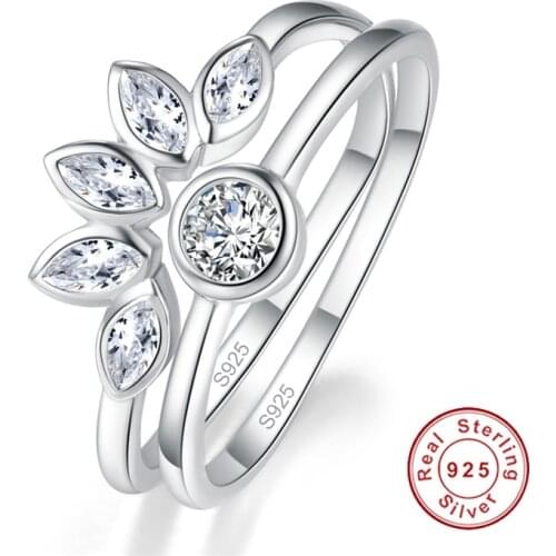 100% 925 Sterling Silver Lovely Flower Shape White CZ Finger Rings for Women 2pcs Engagement Fine Jewelry S925 Gift